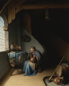 An Elderly Woman at Her Spinning Wheel, Eating Porridge