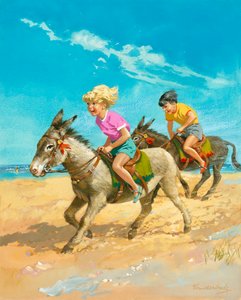 Boy and girl riding donkeys on the beach by Gerritt Vandersyde