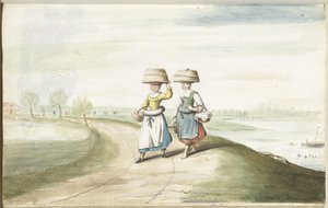 Two Peasant Women Walking in a Landscape by Gesina ter Borch (signed by artist)