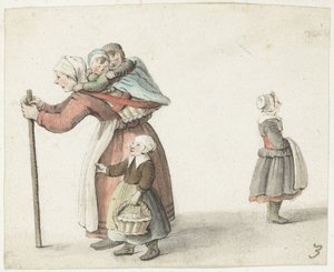 Woman with Two Children in a Carrying Basket