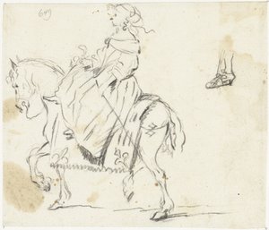 Woman on Horseback, Seen from the Side, with Sketch of a Lower Leg and Foot