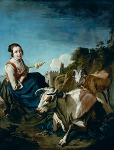 A Girl with a Cow and Sheep in a Rocky Landscape