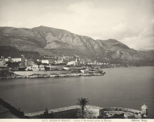 View of Montecarlo, resort overlooking the Ligurian Sea. The Maritime Alps rise in the background. The photograph was taken from Monaco by Giacomo Brogi