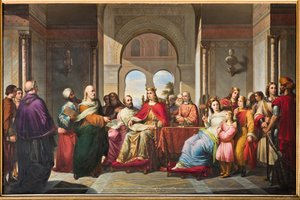 Frederick II receiving a book by Aristotle from Michael Scot