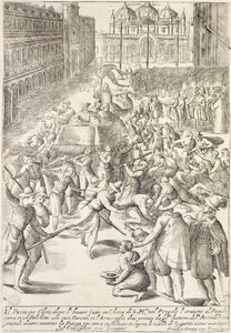 The prince elect on a small stage of the Arsenal in Venice throwing money at the public