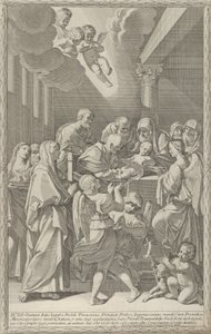 The circumcision of Christ, a group of men, women and angels surrounding him by Giacomo Maria Giovannini