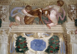 Putti with a Greyhound, Fruit Festoons and Mascarons
