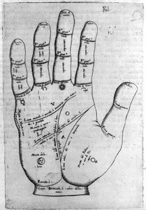 Chiromancy and divinatory prediction: representation of the different lines of the hand allowing the interpretation of the personality