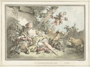 Shepherdess with Flying Cupid by Gilles Antoine Demarteau