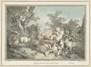 Shepherdess Embraced by Amor by Gilles Antoine Demarteau