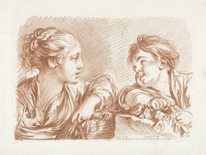 Young woman with flower basket and boy