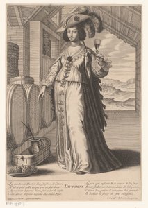 Lady with a Glass of Wine by Wine Barrels, Overlooking a Vineyard (Autumn) (Four Seasons)