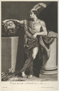 David standing with crossed legs and holding the head of Goliath on a pedestal by Gilles Rousselet