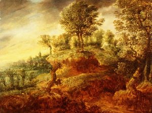 A wooded landscape with a wagon on a path and a church beyond