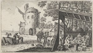 Farmers Around a Table in a Barn (Taste), Landscapes with the Five Senses (series title) by Gillis van Scheyndel (I)