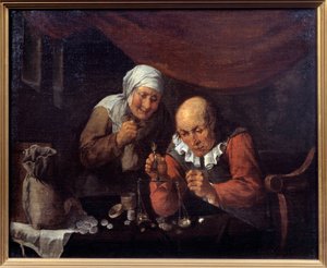 The greedy couple of old men weighing their possessions by Gillis van Tilborgh