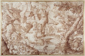 Fantastic Mountainous Landscape with Bridges Spanning Ravines, a City and Travellers by Gillis van Valckenborch