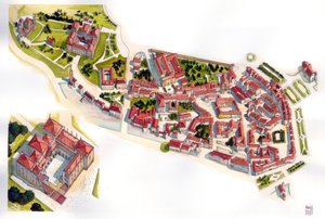 Aerial view of the city of Guimaraes: on the left the castle and monastery built in the 11th century. Portugal. Illustration by Giorgio Albertini. by Giorgio Albertini