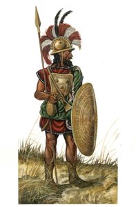 Ancient Rome: representation of a warrior weapon, helmet, shield, spear (monarchical period of the 8th century BC) by Giorgio Albertini