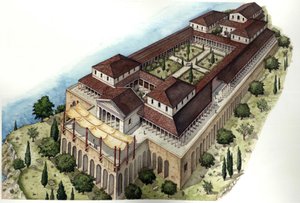 Ancient Rome: reconstruction of the Roman villa Catulle, residence of the poet Catullus, 1st century BC, Sirmione, Lake Garda, Italy. by Giorgio Albertini