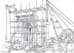 Ancient Rome: reconstruction of a construction site of an arch in the 1st century AD. The workers hoist the marble blocks with scaffolding and pulleys. Illustration by Giorgio Albertini. by Giorgio Albertini