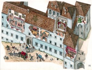 Baroque art: view and architectural section of the Chigi Palace in Ariccia, Lazio, in the 17th century. The interior of the family rooms and the dependencies of the servants are visible. Italy by Giorgio Albertini