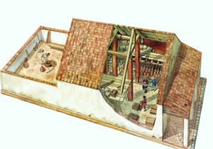 Byzantine Architecture: Reconstruction of a Class Store, Warehouse of the Classe Docks Area, Port of Ravenna, 7th Century, Italy by Giorgio Albertini