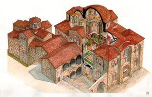 Byzantine art: view and architectural section of the monastery of Hosios Loukas, built in the 11th century, Greece. by Giorgio Albertini