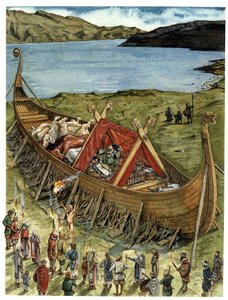 Viking funeral ceremony: deceased placed in a boat with sacrificed animals and funeral objects, awaiting incineration. 10th century. by Giorgio Albertini