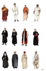 Costumes and Dresses of Members of the Clergy of Different Religions: Buddhist Monk, Orthodox, Cardinal, Protestant Pastor