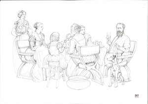 Daily life Renaissance: bourgeois family at a meal by Giorgio Albertini