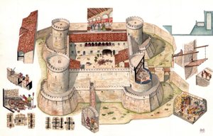 Detail aerial view of the Aragonese castle of Venosa, built by Pirro del Balzo in 1470, near Potenza, Italy. Detail views show prisoners in cells and soldiers in defense positions. by Giorgio Albertini