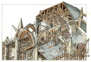 Gothic Art: Reconstruction of the Construction Site of a Gothic Cathedral, Workers on Scaffolding Using Pulleys, 13th Century, Illustration by Giorgio Albertini by Giorgio Albertini