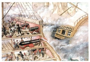 Napoleonic Wars: The Battle of Trafalgar, Opposing the Franco-Spanish Fleet under Admiral Villeneuve to the British Fleet Commanded by Vice Admiral Nelson on 21/10/1805. Section of the Ship Showing the Interior by Giorgio Albertini