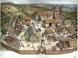Middle Ages: aerial view of an Italian village in the 10th century. by Giorgio Albertini