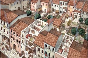 Middle Ages: aerial view of dwellings, cross-sectional views of interiors in Florence, Italy, 13th century. by Giorgio Albertini