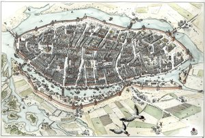Middle Ages: aerial view of Lubeck, Germany, 15th century, showing its geographic position on an island. Illustration by Giorgio Albertini.