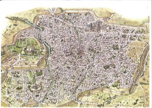 Middle Ages: detailed aerial view of Samarkand, Uzbekistan, during the Mongolian Chaybanid dynasty, around 1450. Illustration by Giorgio Albertini. by Giorgio Albertini