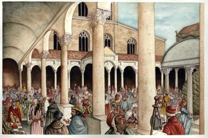 Middle Ages: fideles, pilgrims, traders, and Romans in the 13th century peristyle of the ancient Basilica of St. Peter, Rome. by Giorgio Albertini
