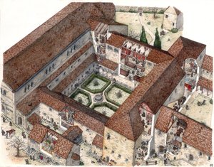 Middle Ages: Reconstruction of a Monastery and the Life of Nuns or Monks, Illustration by Giorgio Albertini by Giorgio Albertini