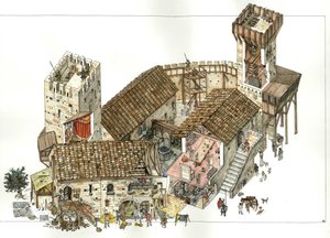 Middle Ages: Reconstruction of a Castle in Central Italy in the 13th Century. Illustration by Giorgio Albertini by Giorgio Albertini