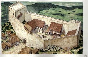 Middle Ages: reconstruction of the Cathar castle of Montsegur, completed in the 13th century, Ariege, France. by Giorgio Albertini