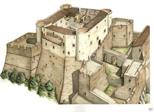 Middle Ages: Reconstruction of the Castle Santa Severina, Built in the 11th Century, Calabria, Italy, Illustration by Giorgio Albertini by Giorgio Albertini