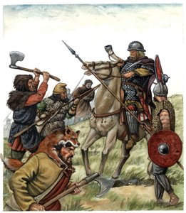 Middle Ages: scene of the Battle of Roncesvaux, 778, Spanish Basque Country. Franc rider of Charlemagne