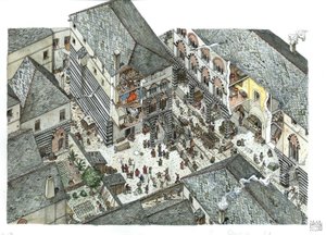 Middle Ages: view of a palace of the merchant nobility in Genoa, 15th century, Italy. Illustration by Giorgio Albertini. by Giorgio Albertini