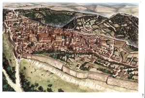 Middle Ages: view of the medieval town of Volterra, surrounded by ramparts, 14th century, Tuscany, Italy. Illustration by Giorgio Albertini. by Giorgio Albertini