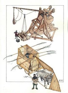 Middle Ages: war machine, model of catapult and tank fired by oxen with sharpened spears. by Giorgio Albertini