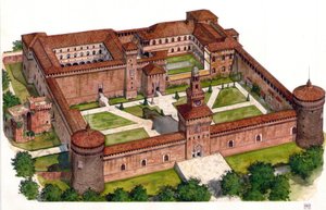 Overview of the Sforza Castle fortress built by Duke Francesco Sforza in the 15th century in Milan, Italy. by Giorgio Albertini