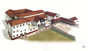 Roman antiquity: reconstruction of the site of the domus of the Marine Gate in ancient Ostia in the 4th century, Italy. by Giorgio Albertini