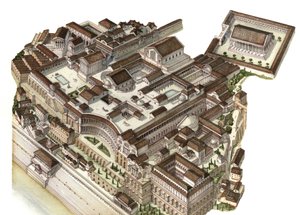 Roman antiquity: reconstruction of Mount Palatine in the 4th century, with palaces built by emperors Augustus, Nero, and Septimius Severus. Rome, Italy. by Giorgio Albertini